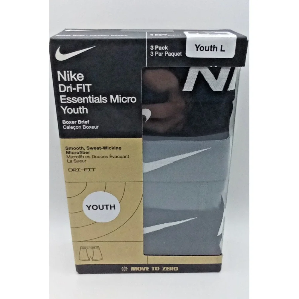Nike Dri-FIT Essentials Micro Youth Large Boxer Briefs 3pk Black Gray New